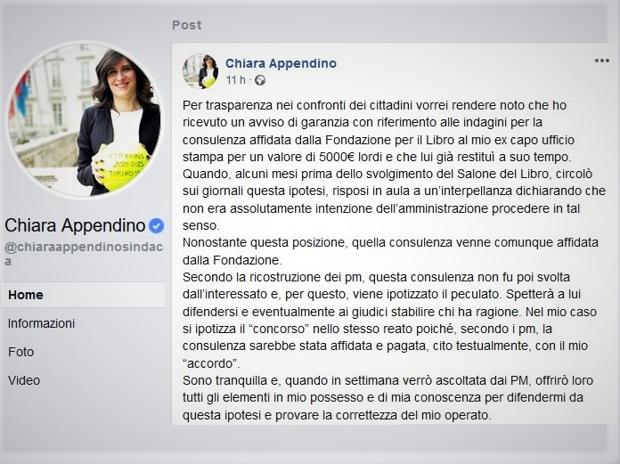 Torino, Appendino parla su Fb del suo avviso di garanzia Torino, Appendino parla su Fb del suo avviso di garanzia