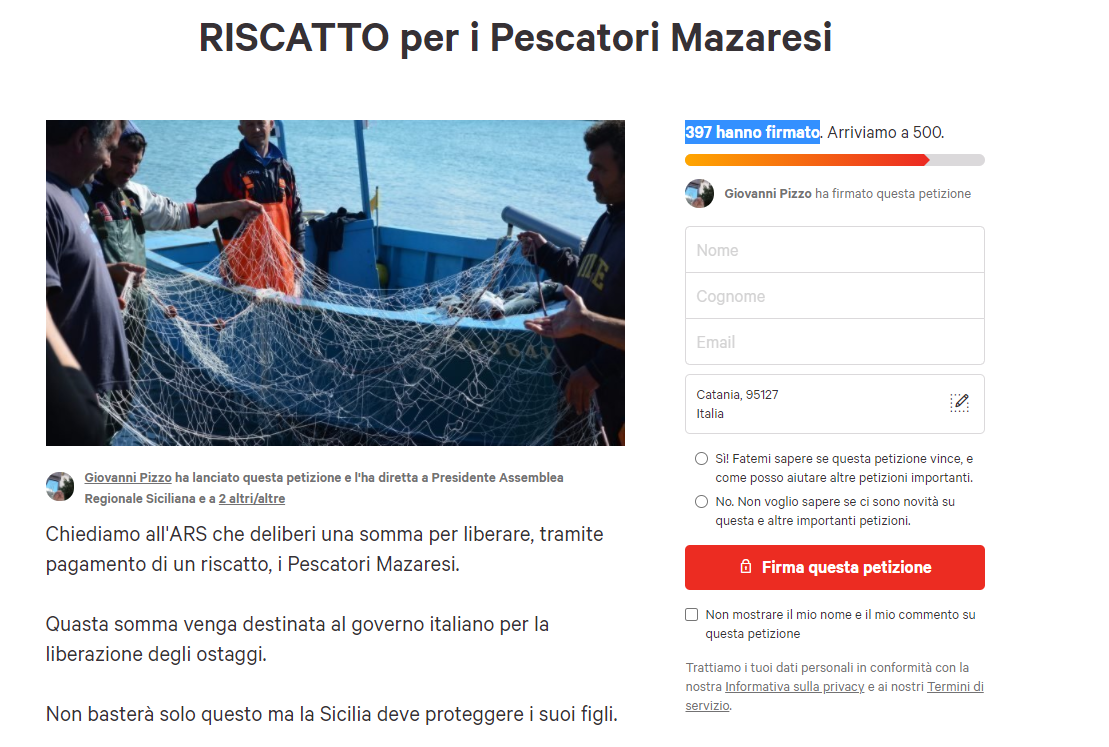 Pescatori Libia, “L’Assemblea regionale ne paghi il riscatto”