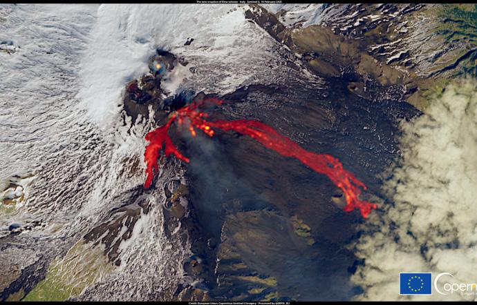 Etna, lingue di lava nella neve, l’immagine del satellite
