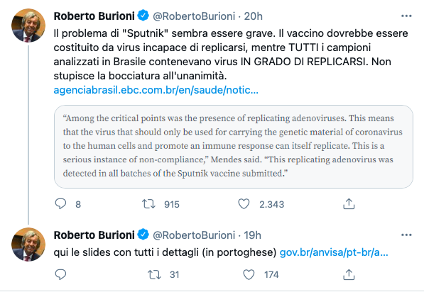 Sputnik V bloccato in Brasile, rischi e pericoli del vaccino