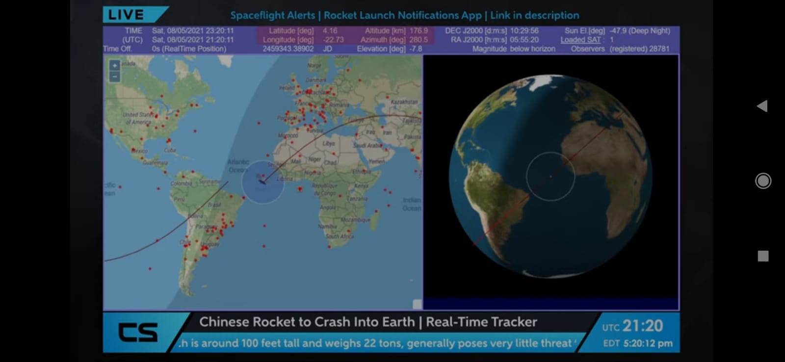 Razzo cinese e rischi per la Sicilia, dove e quando cadrà, la diretta video