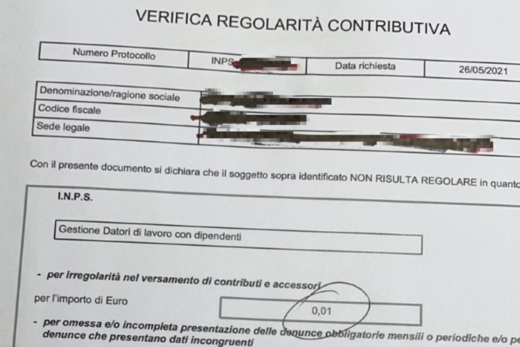 Durc negato ad azienda per 1 cent euro, Inps, “caso inesistente”