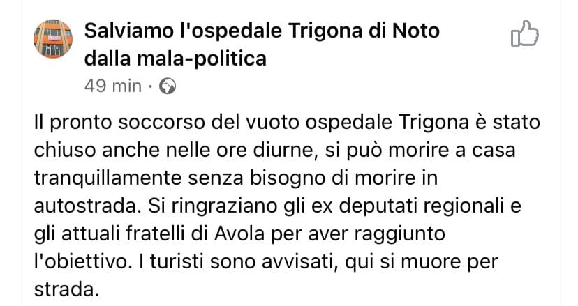 Noto, l’ospedale Trigona chiuso, ma il post facebook è un fake