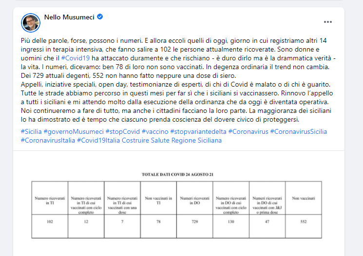Covid, Musumeci ai Siciliani, “Aumentano ricoveri, vaccinatevi”