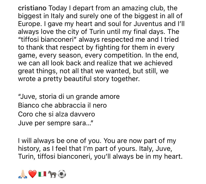 Lettera di Ronaldo ai  tifosi Juve, “Sarete sempre nel mio cuore”