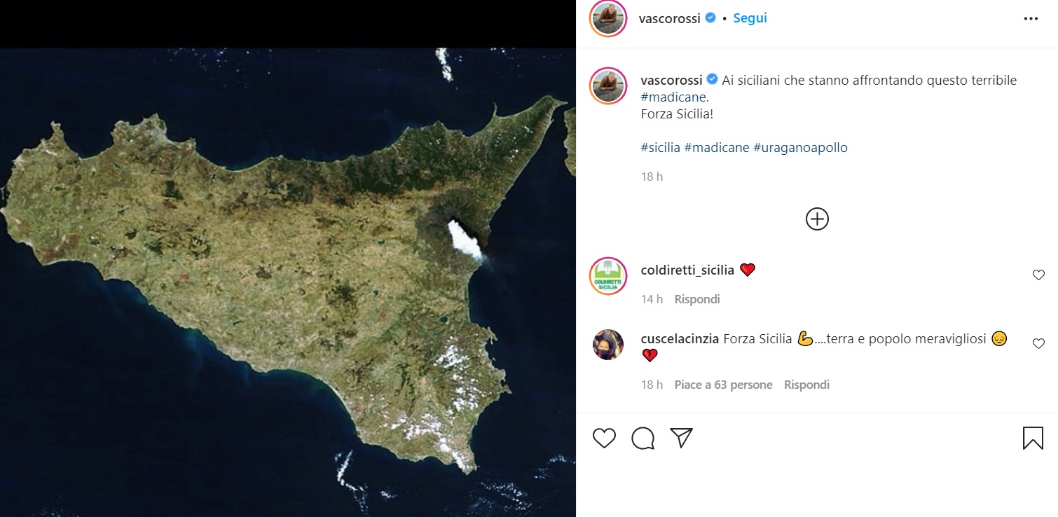 “Forza Sicilia”, il messaggio di Vasco Rossi su Instagram