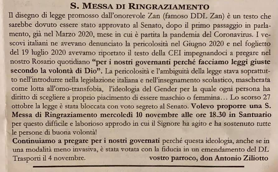 Ddl Zan affossato, prete programma una messa di ringraziamento, è polemica Ddl Zan affossato, prete programma una messa di ringraziamento, è polemica