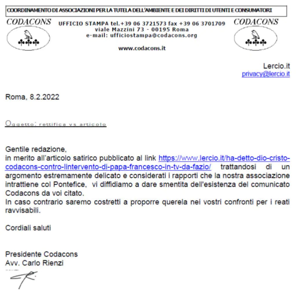 Codacons invia diffida per rettifica articolo, ma è Lercio, il caso