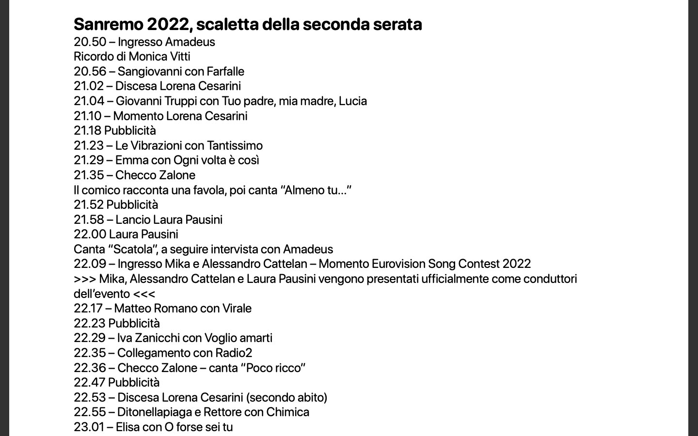Sanremo 2022, scaletta seconda serata minuto per minuto, cantanti e ospiti
