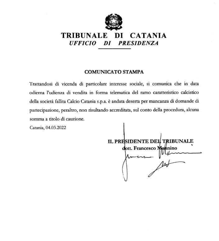 Calcio Catania, asta di nuovo deserta: nessuna offerta presentata