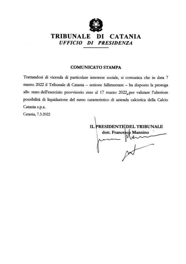 Calcio Catania, esercizio provvisorio prorogato al 17 marzo