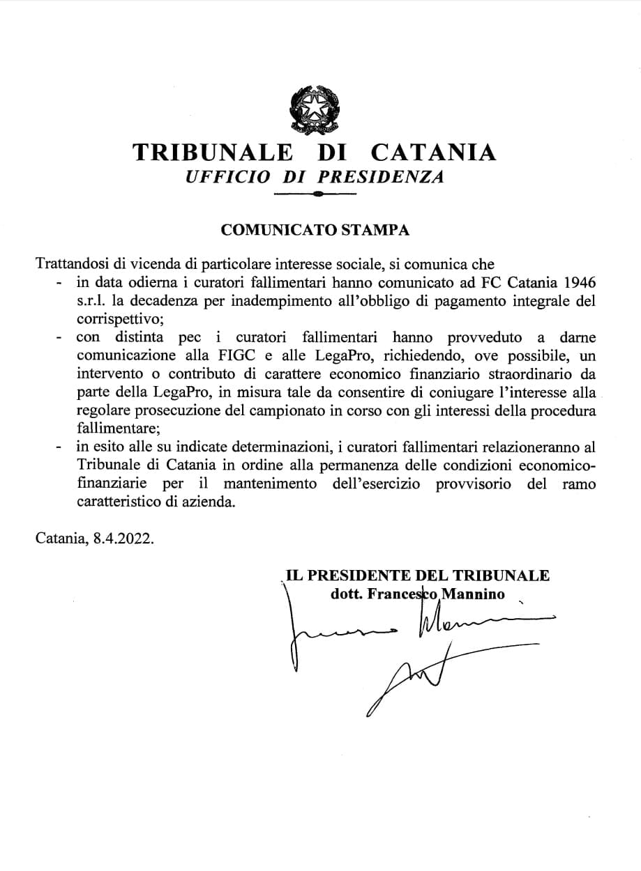 Calcio Catania, imminente l’esclusione dal campionato Calcio Catania, imminente l’esclusione dal campionato