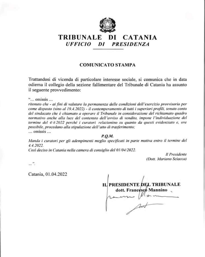 Calcio Catania, il Tribunale prende posizione: deadline il 4 aprile