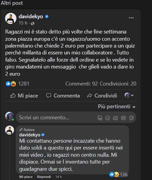 Davide Kyo: “Non date soldi a chi si spaccia per mio collaboratore”