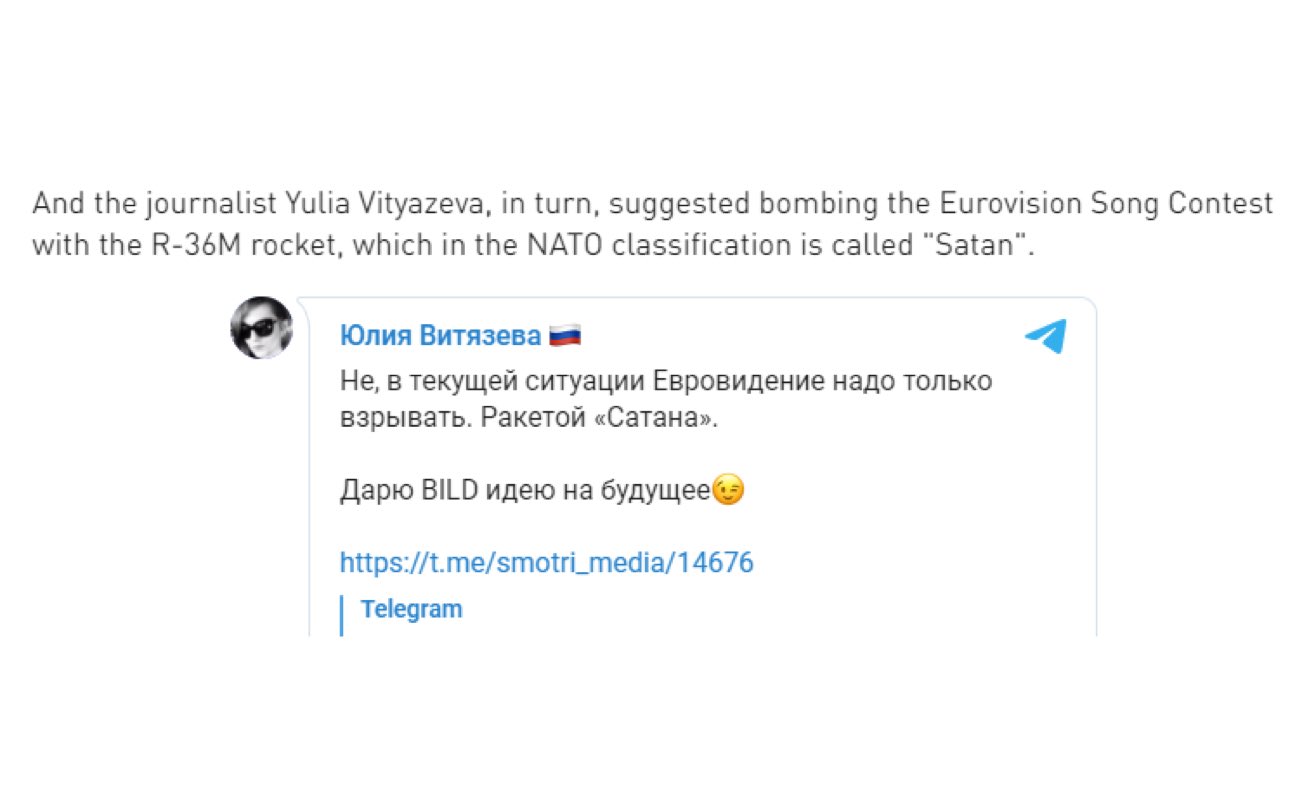 Tweet shock della giornalista russa: “Un missile Satan all’Eurovision di Torino”