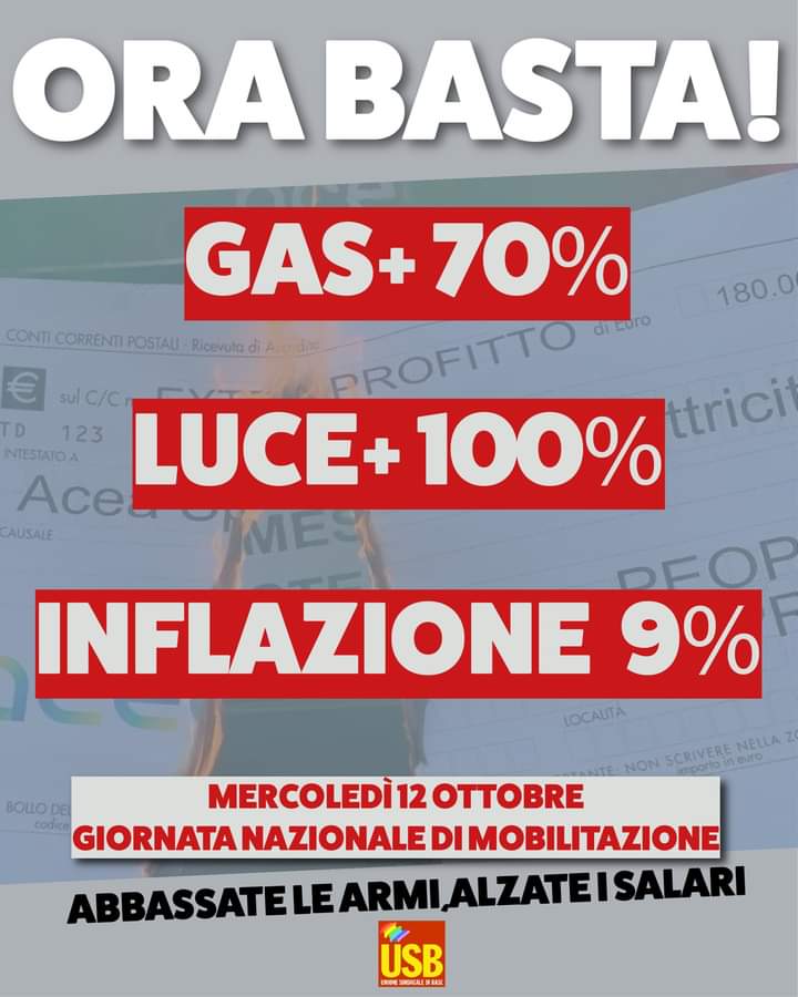 Caro bollette, il 12 ottobre mobilitazione USB: carovita raggiunge livelli insostenibili