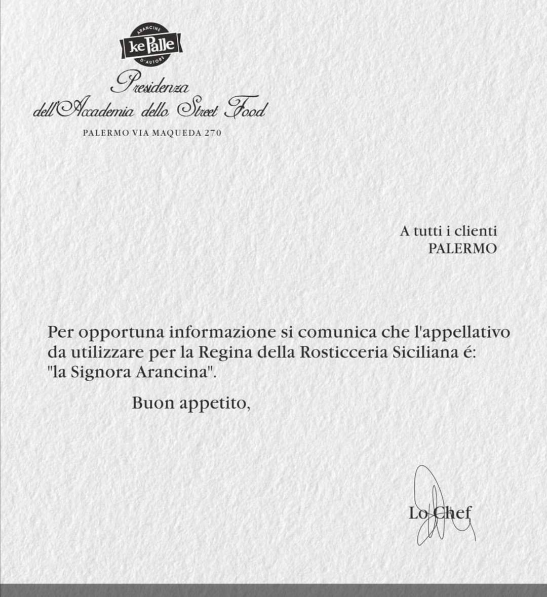 Meloni e “Il signor presidente”, arriva il post ironico di un’arancineria di Palermo