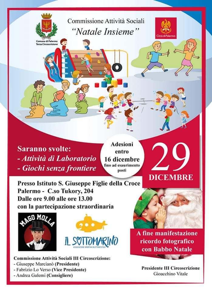 Palermo, il 29 dicembre via alla manifestazione “Natale insieme”