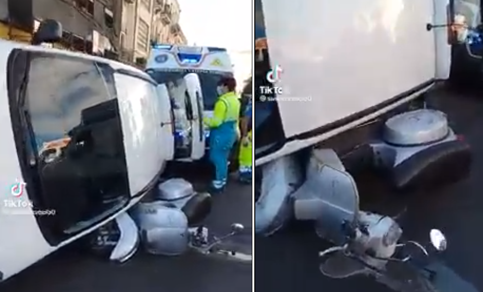 Catania, auto si ribalta e finisce sopra uno scooter: le incredibili immagini dell’incidente