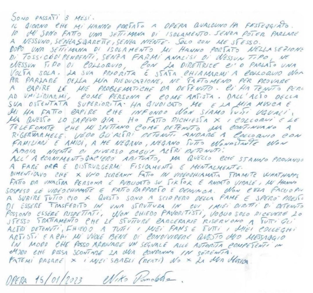 Niko Pandetta, la lettera dal carcere di Opera: “Non ce la faccio più, sono in sciopero della fame”
