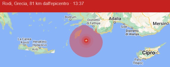 Forte terremoto al largo di Rodi: registrata scossa  di magnitudo 5.7
