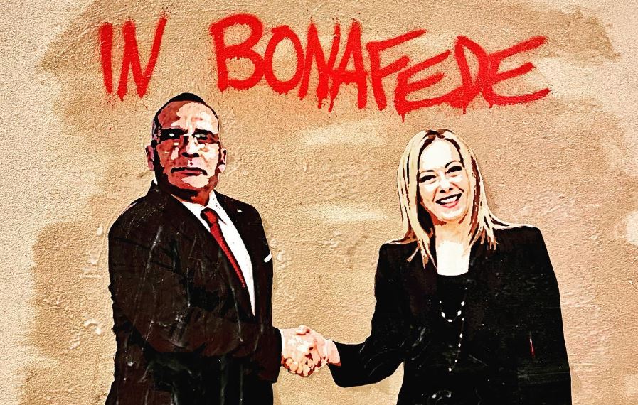 Stretta di mano tra Meloni e Messina Denaro “In Bonafede”, il murale che scatena la polemica