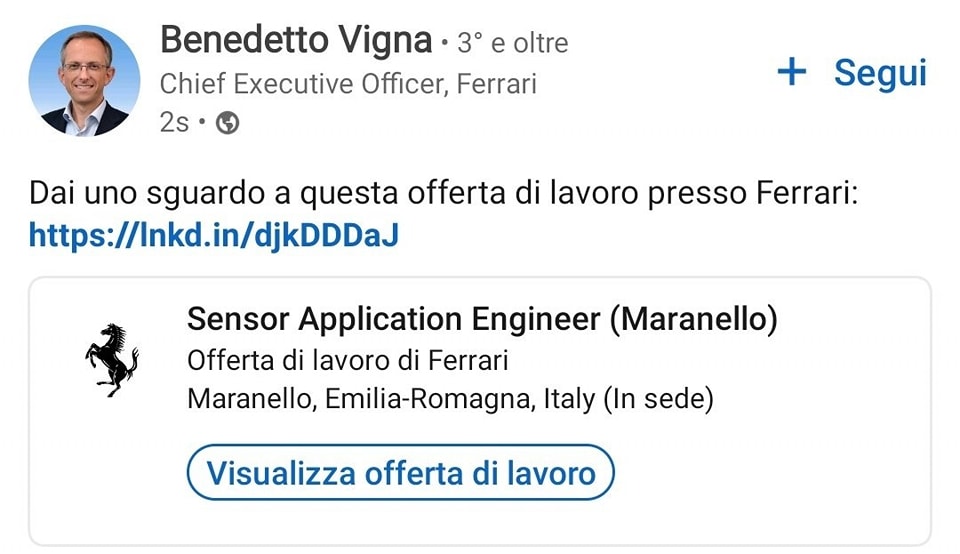 AAA, la Ferrari cerca ingegneri: l’annuncio dell’Ad Vigna su LinkedIn