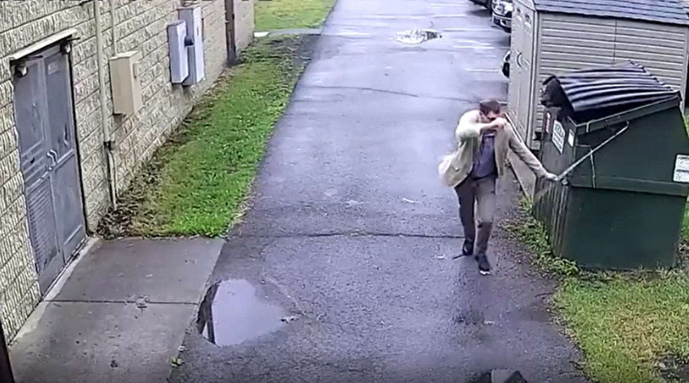 Orso esce dal cassonetto della scuola, il preside scappa via: il video