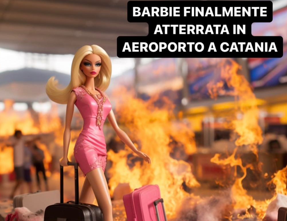 Barbie in difficoltà per raggiungere l’aeroporto di Catania in fiamme: la satira virale sui social