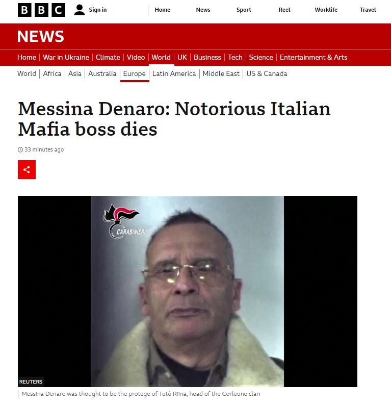 Matteo Messina Denaro, la notizia della morte su BBC World News