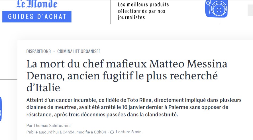 Matteo Messina Denaro, la notizia della morte su Le Monde