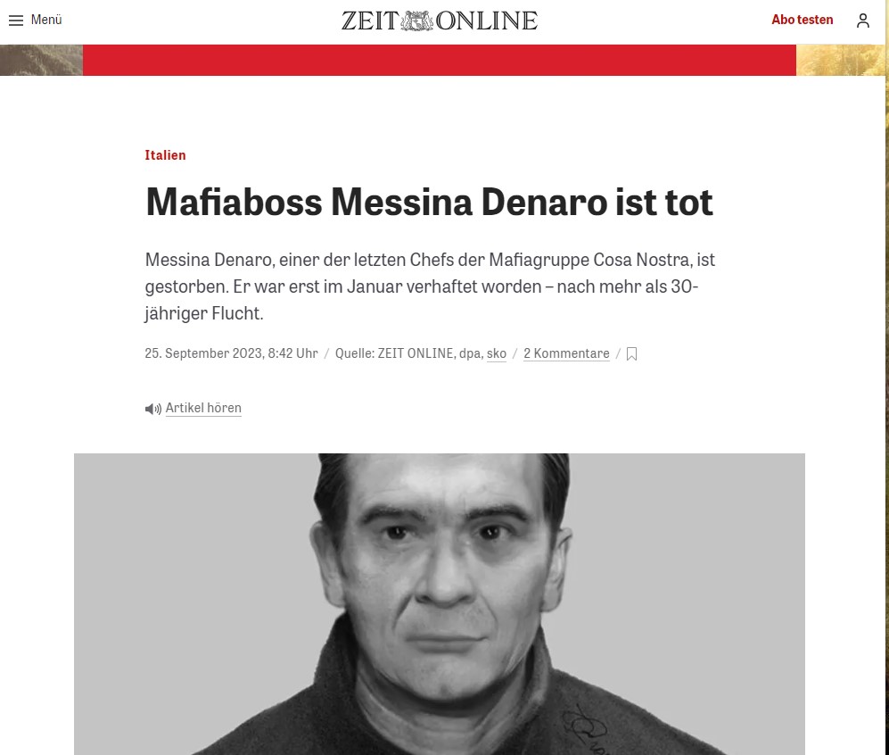 Matteo Messina Denaro, la notizia della morte su Zeit