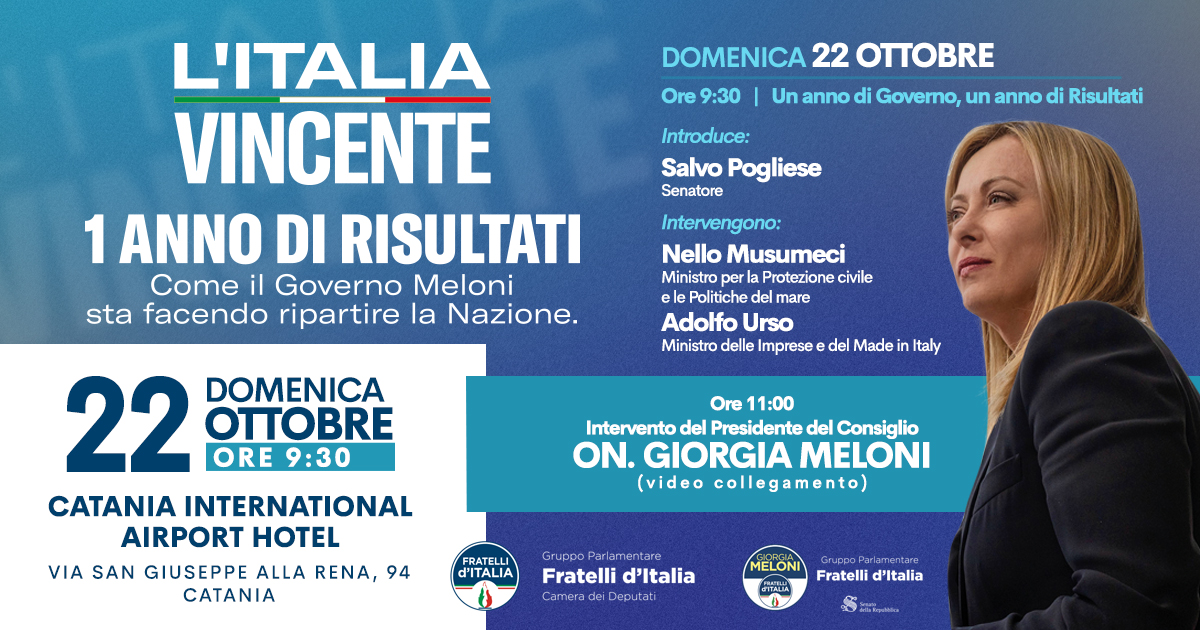 “L’Italia Vincente”, a Catania il convegno di FdI: presenti Musumeci e Urso, Meloni in collegamento