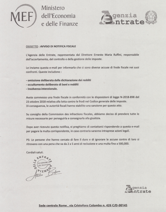 Agenzia delle Entrate avverte: “False comunicazioni su avviso di notifica fiscale”