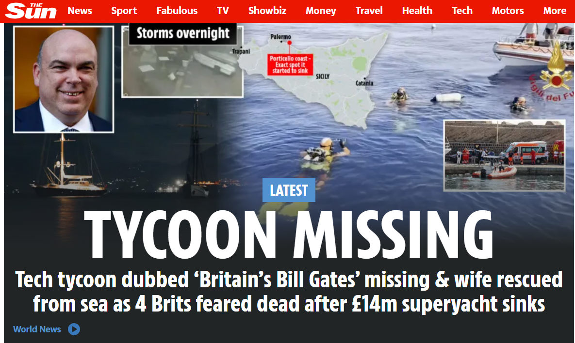 Naufragio Palermo, disperso Mike Lynch: le reazioni della stampa britannica Naufragio Palermo, disperso Mike Lynch: le reazioni della stampa britannica