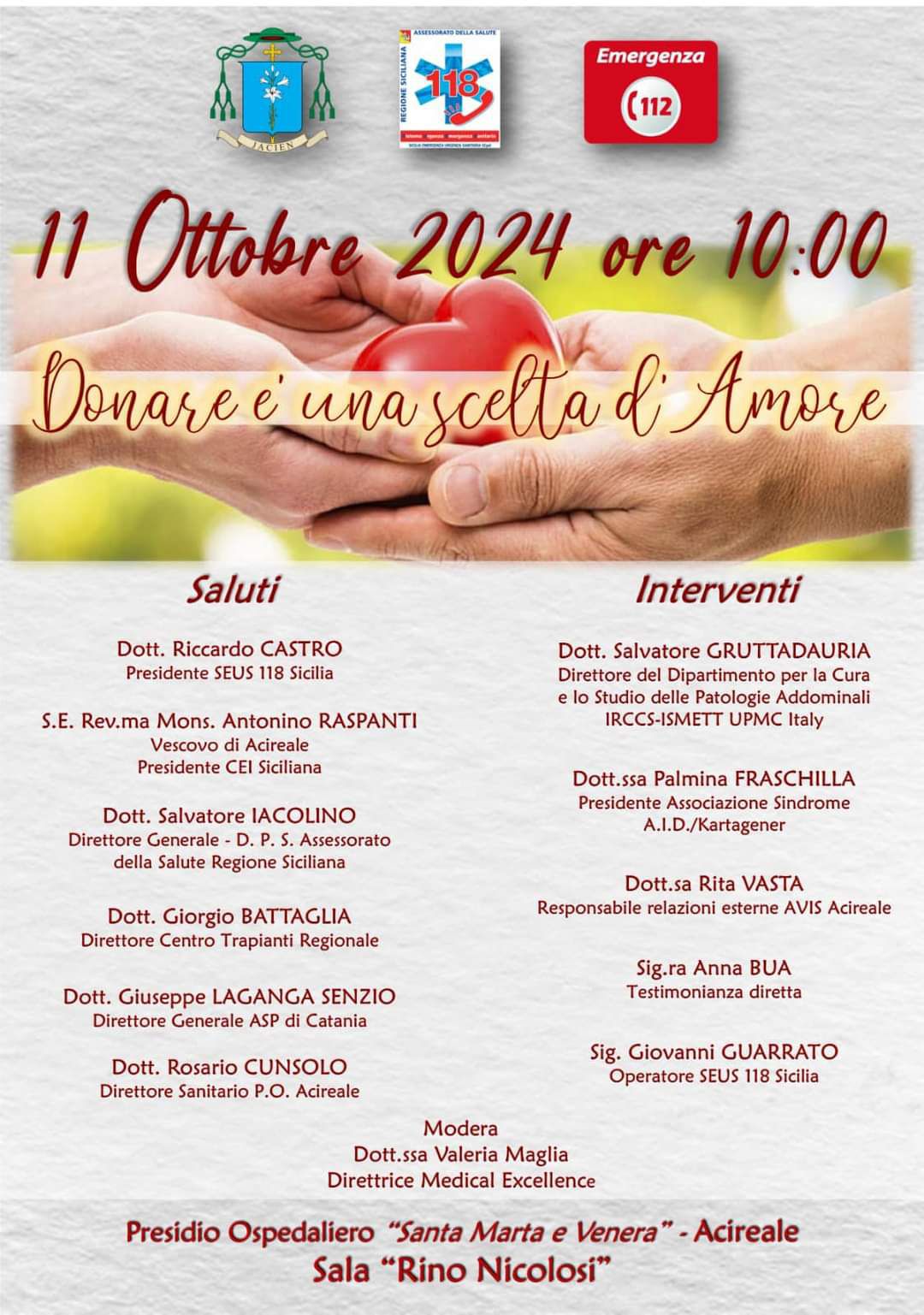 “Donare è una scelta d’amore”: l’11 ottobre il convegno all’ospedale di Acireale