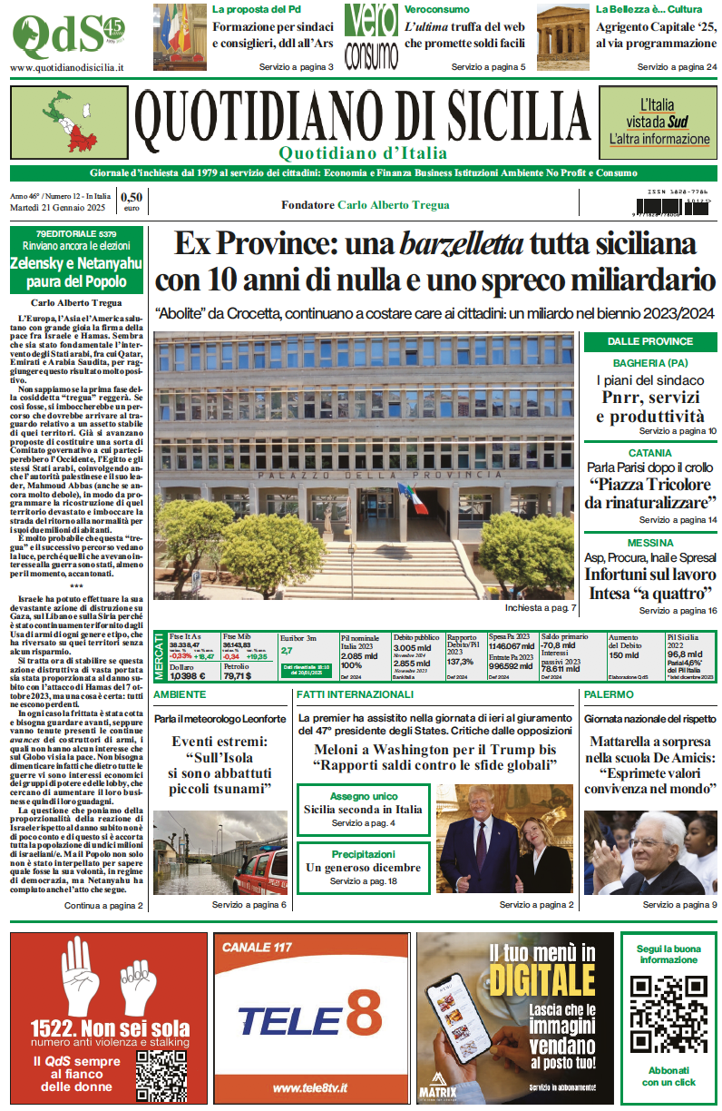 La prima pagina di oggi del Quotidiano di Sicilia