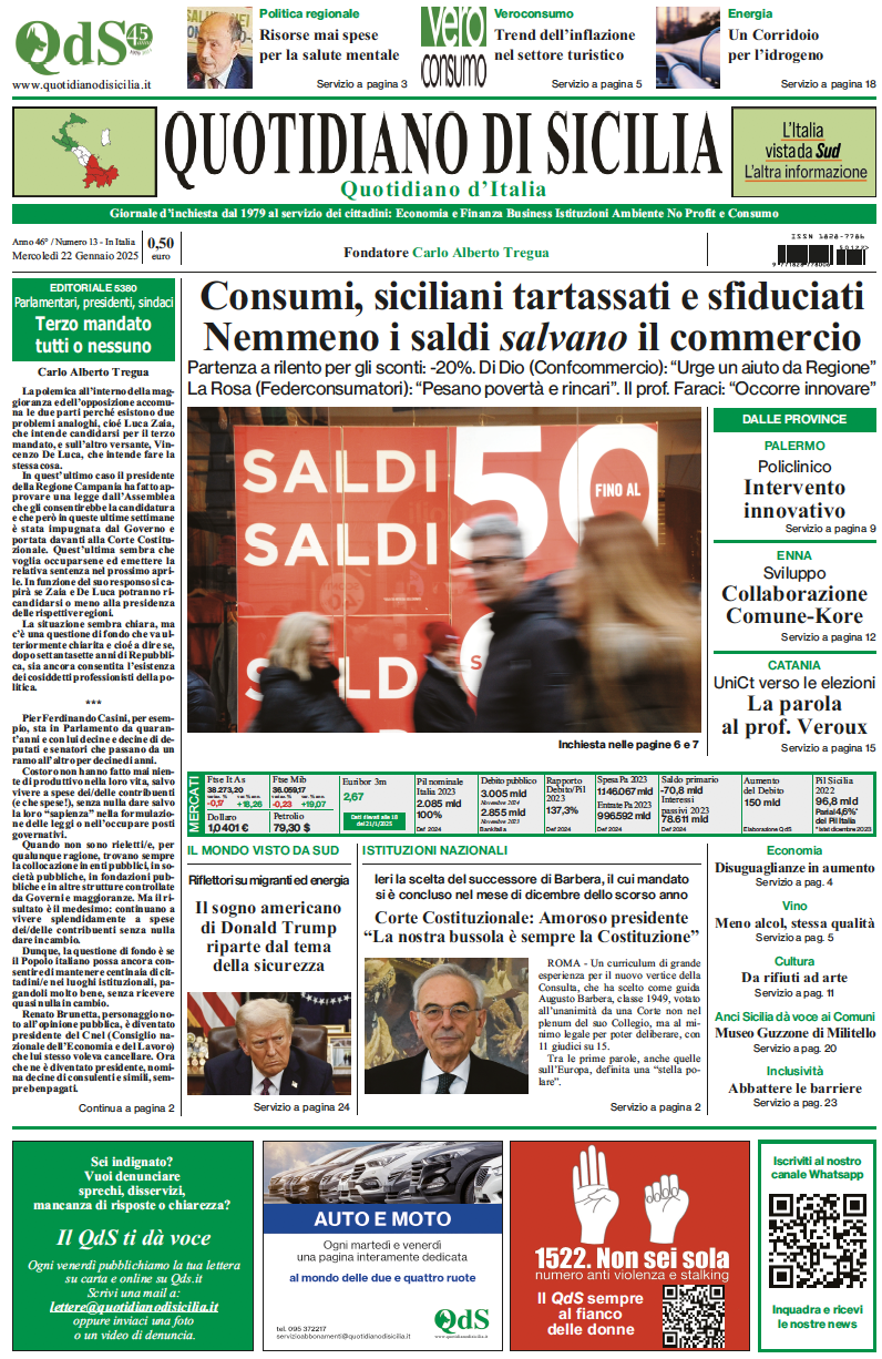 La prima pagina di oggi del Quotidiano di Sicilia