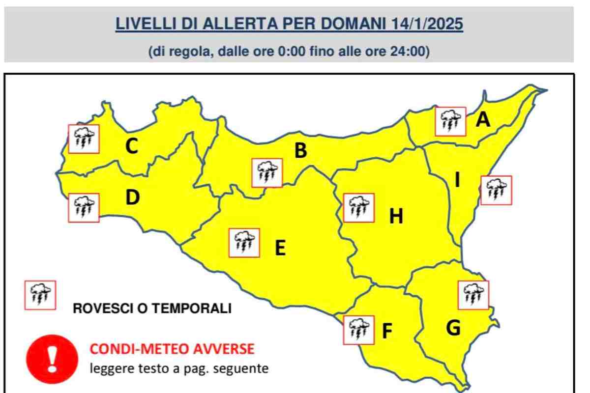 Meteo Sicilia, ancora allerta gialla su tutta l’Isola: le previsioni di martedì 14 gennaio