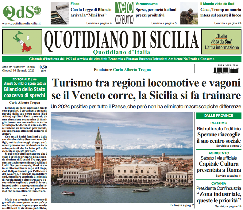 La prima pagina di oggi del Quotidiano di Sicilia