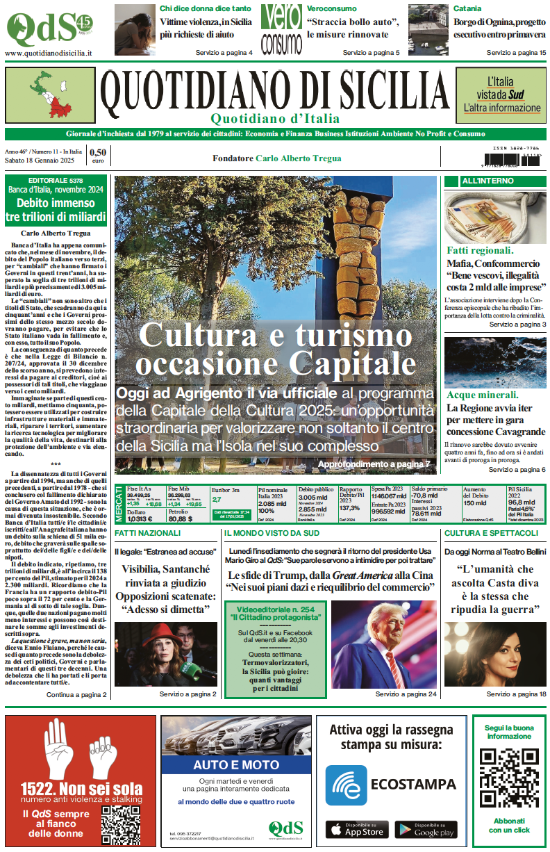 La prima pagina di oggi del Quotidiano di Sicilia