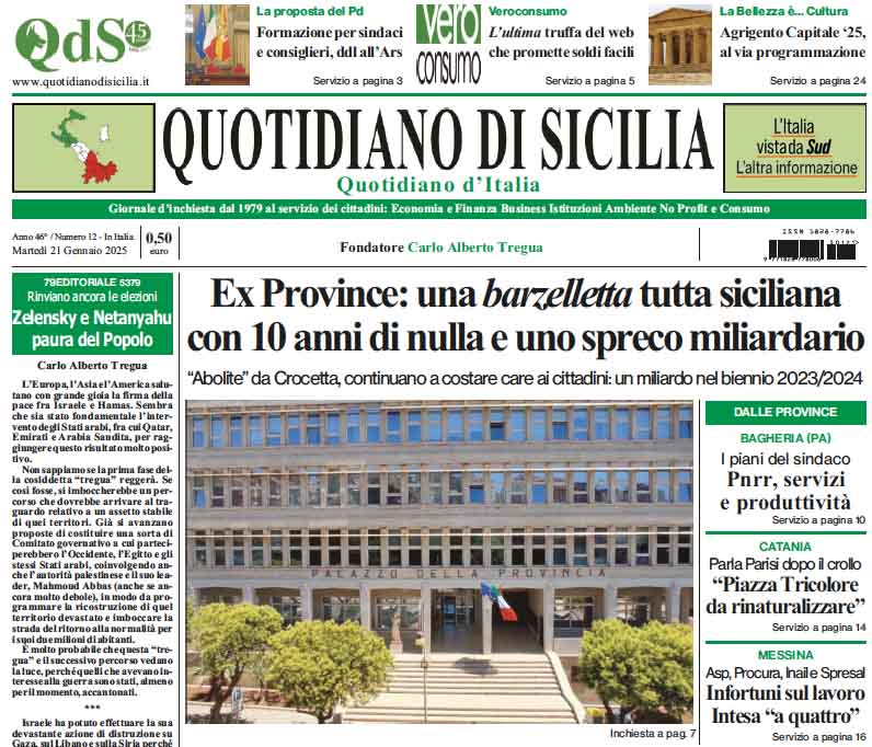 La prima pagina di oggi del Quotidiano di Sicilia