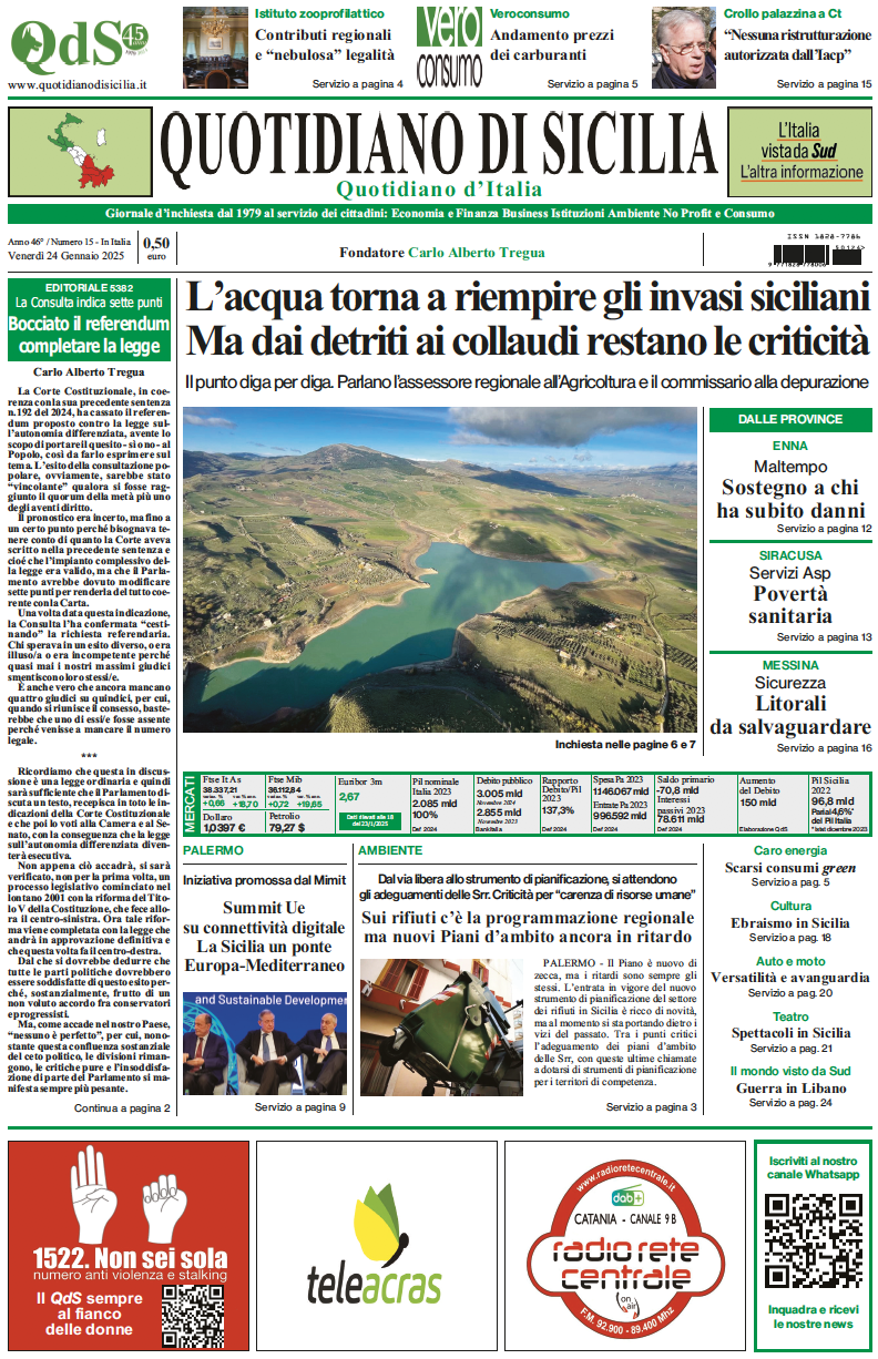 La prima pagina di oggi del Quotidiano di Sicilia