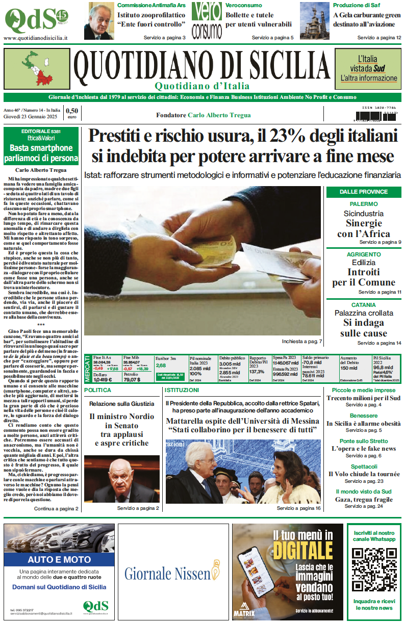 La prima pagina di oggi del Quotidiano di Sicilia