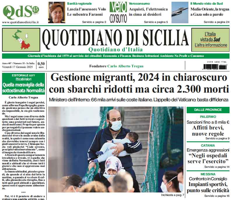 La prima pagina di oggi del Quotidiano di Sicilia