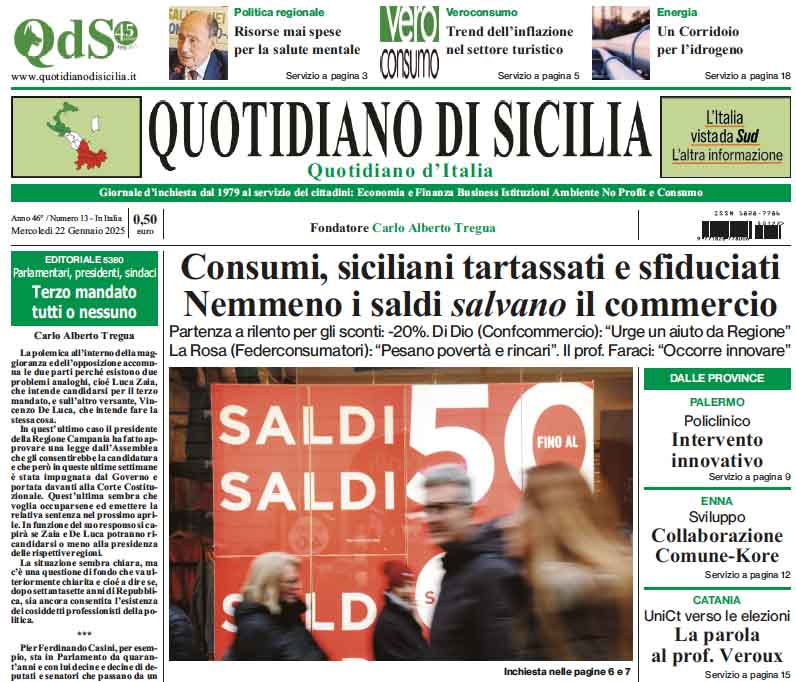 La prima pagina di oggi del Quotidiano di Sicilia