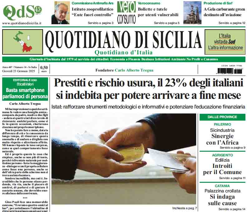 La prima pagina di oggi del Quotidiano di Sicilia