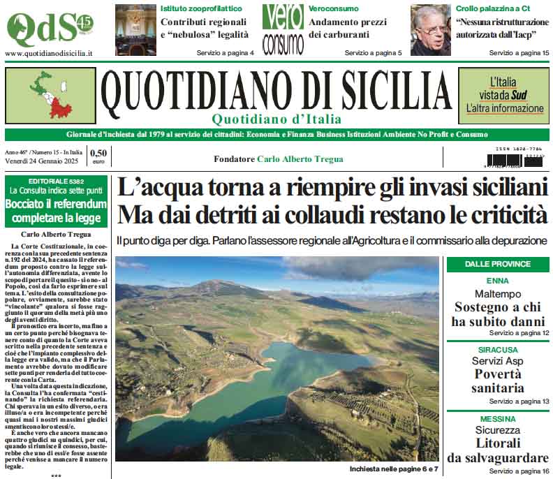 La prima pagina di oggi del Quotidiano di Sicilia