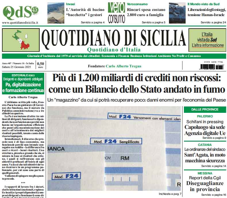 La prima pagina di oggi del Quotidiano di Sicilia