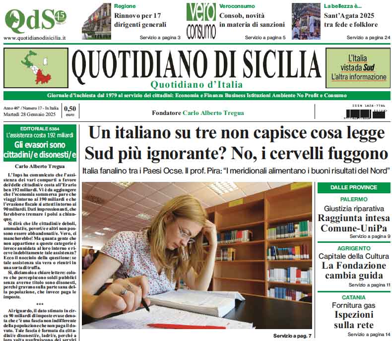 La prima pagina di oggi del Quotidiano di Sicilia